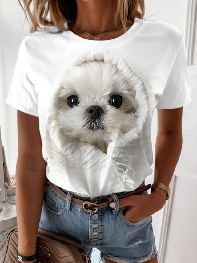  Per donna maglietta Con cagnolino Essenziale Manica corta Rotonda Top regolari Giornaliero Fine settimana Stampa Stampa personalizzata Bianco Beige Grigio