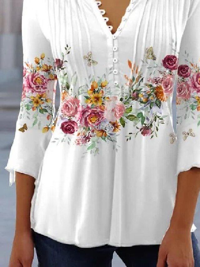 White Floral Print Balloon Sleeves Button Up Loose Casual Shirt