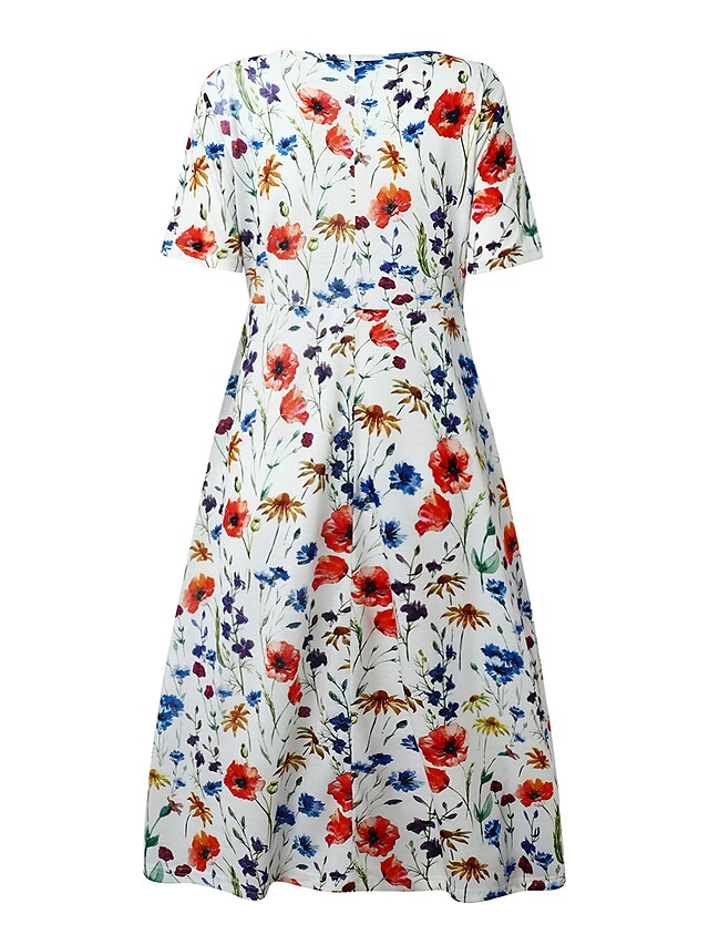 Women's Casual Dress Floral Dress Midi Dress White Short Sleeve Floral ...