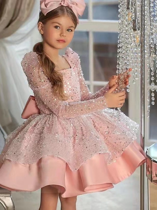  Abito 3D Paillettes per Ragazze Maniche Lunghe Estate Primavera Autunno Matrimonio Festa Compleanno Elegante Principessa Bambini 3-12 Anni Raso Organza vestito per impressionare