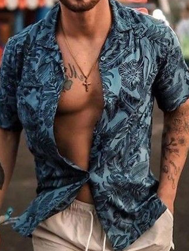  Men's Shirt Summer Hawaiian Shirt Button Up Shirt Summer Shirt Casual Shirt Blue Green Dark Grey Short Sleeve Graphic Prints Flower / Plants Camp Collar Street Daily Print Clothing Apparel Fashion