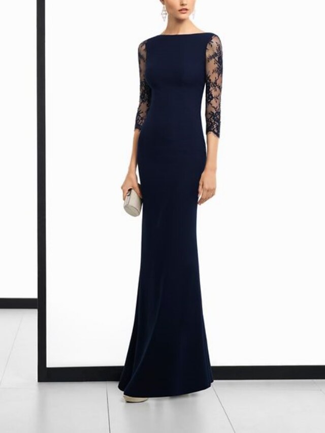 Sheath Mother of the Bride Dress Wedding Guest Vintage Party Scoop Neck Floor Length Lace Stretch Fabric 3/4 Length Sleeve with Solid Color3