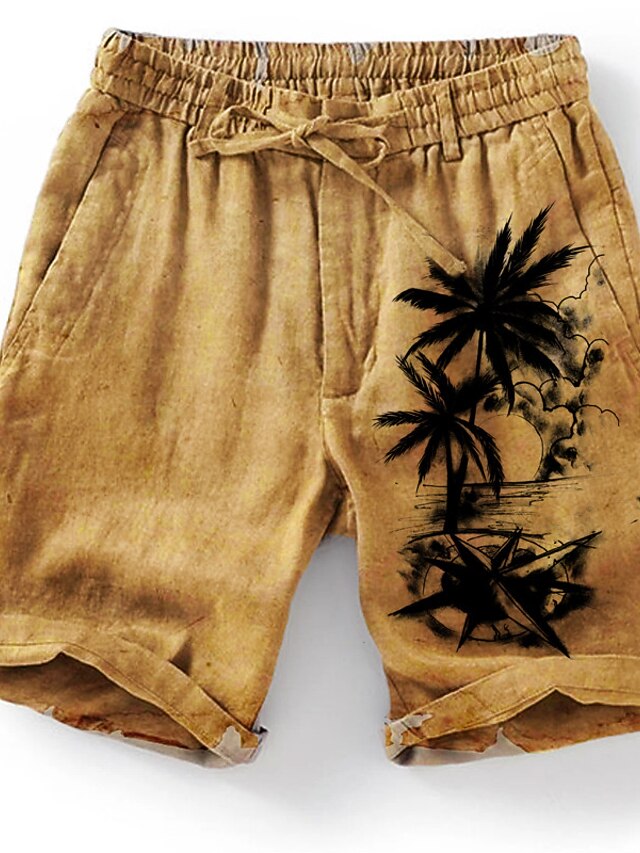 Short 3/4 Coton Lin Homme Été – Bermuda Décontracté Plage Avec Cordon Élastique Respirant Et Poches