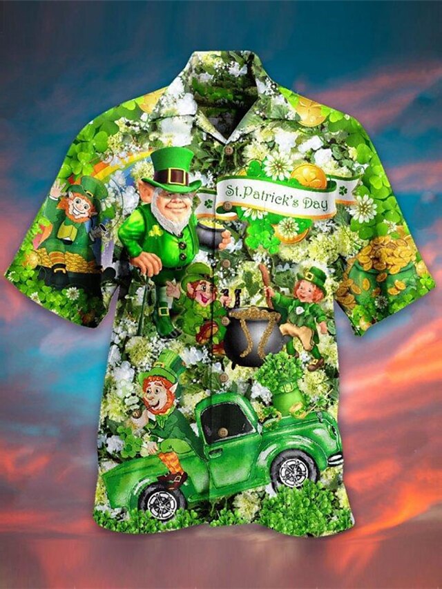  Hombre Camisa camisa hawaiana Día de san patricio Día de San Patricio Clover Cuello Vuelto Verde / Negro Verde Oscuro Verde Trébol Casual Festivos Manga Corta Abotonar Estampado Ropa Tropical Moda
