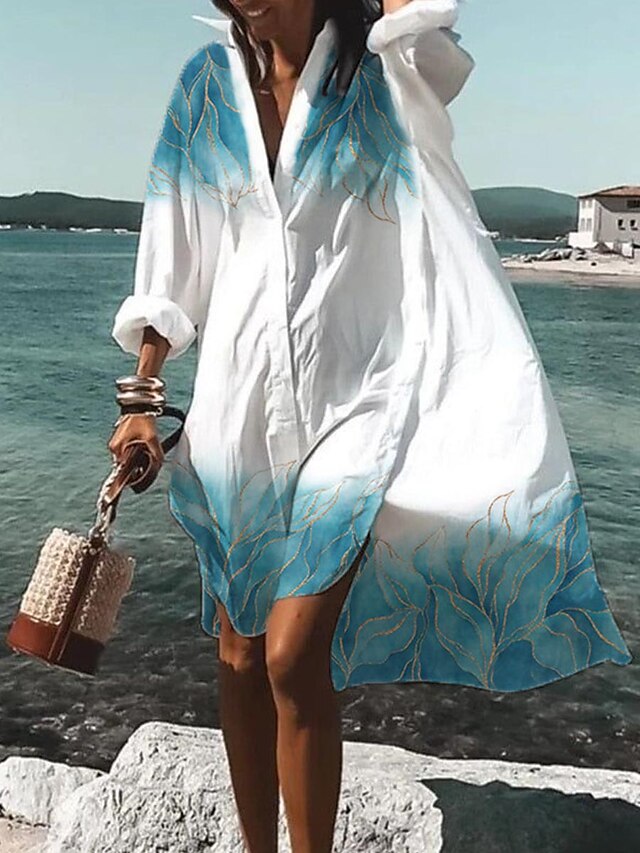 Women's Shirt Dress Cover Up Beach Wear Mini Dress Button Print Fashion ...