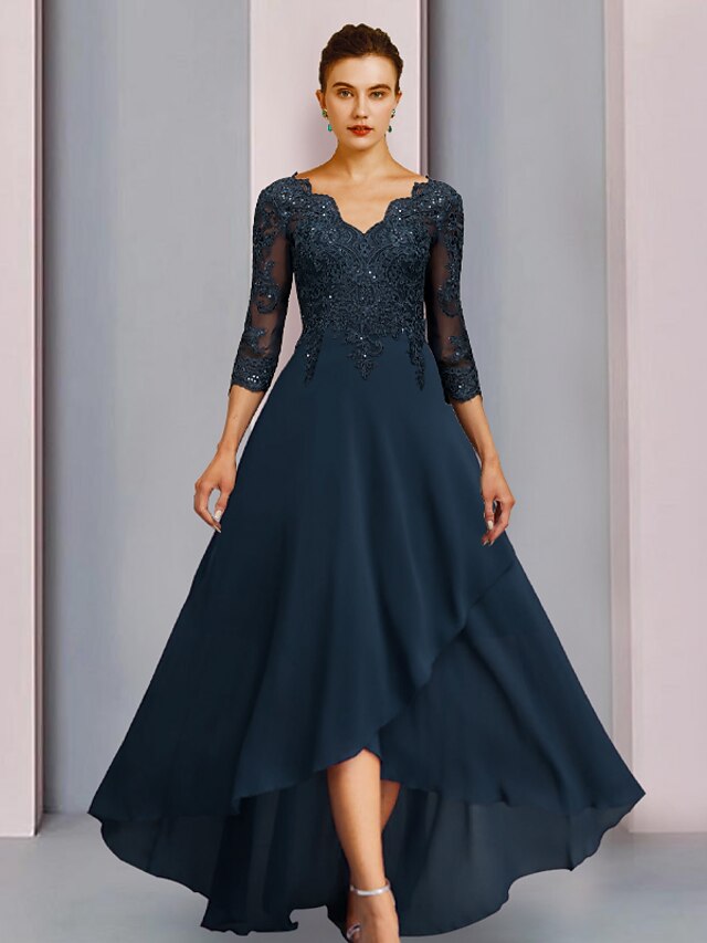 Sheath / Column Mother of the Bride Dress Wedding Guest Party Elegant V Neck Asymmetrical Chiffon Lace Half Sleeve with Pleats