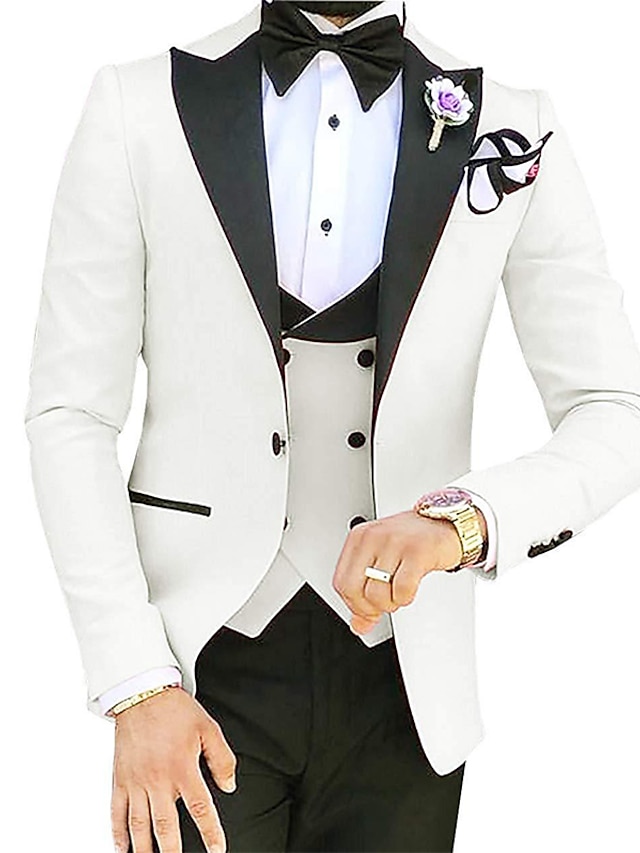  Masculino Casamento Fato Italiano Branco Rosa Cor Sólida Moderno Conjunto de 3 peças Comum 1 Botão