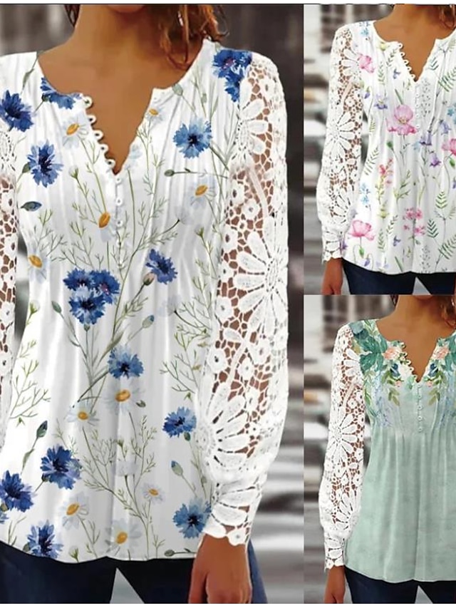 Women's Shirt Blouse Floral White Pink Blue Lace Button Print Long ...