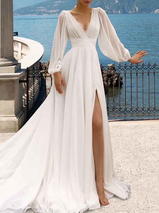  Beach Sexy Wedding Dresses A-Line V Neck Long Sleeve Court Train Chiffon Bridal Gowns With Pleats Split Front 2024
