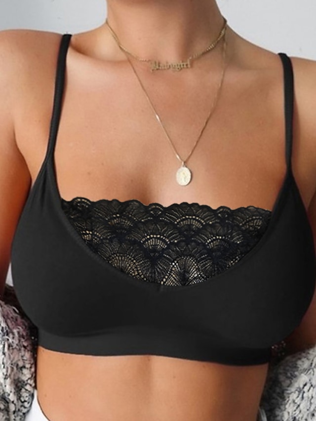  Women's Wireless Bras Sports Bras Fixed Straps 3/4 Cup Deep U Breathable Lace Pure Color Pull-On Closure Date Party & Evening Casual Daily Polyester Sexy 1PC Black White
