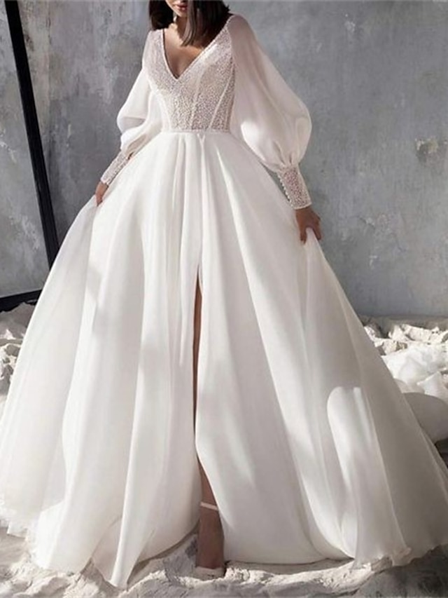 Sparkle & Shine Formal Wedding Dresses A-Line V Neck Long Sleeve Chapel ...