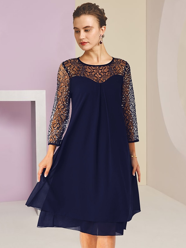  A-Line Mother of the Bride Dress Formal Wedding Guest Elegant Scoop Neck Knee Length Lace 3/4 Length Sleeve with Sequin 2024