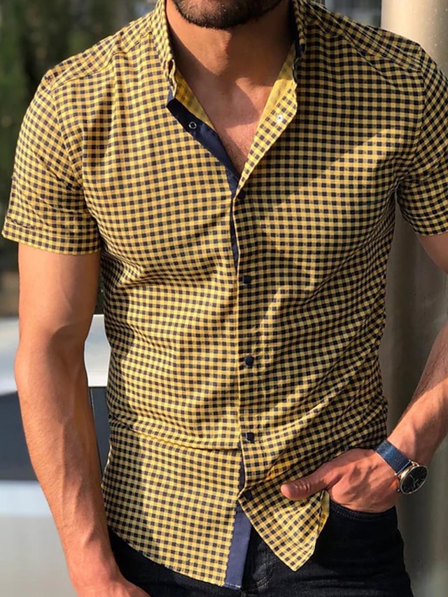 Mens Shirt Button Up Shirt Casual Shirt Yellow Short Sleeve Plaid