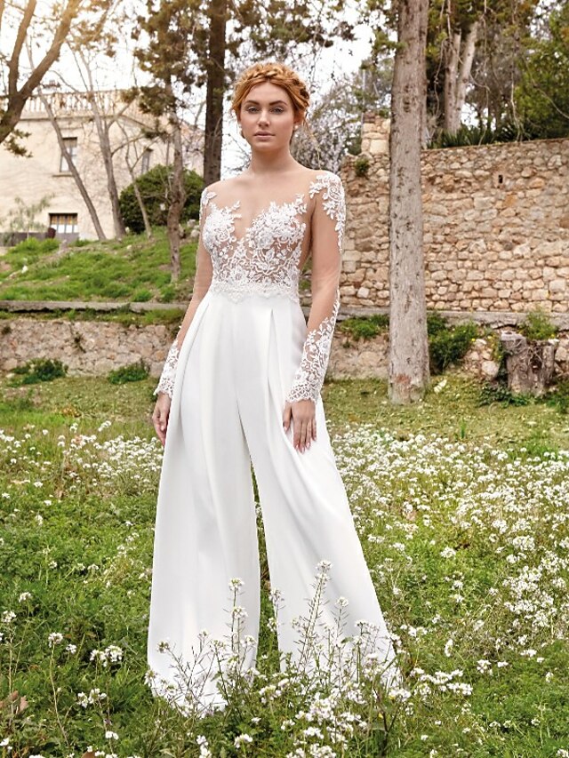 Casual Boho Wedding Dresses A-Line Boat Neck Long Sleeve Floor Length Chiffon Bridal Gowns With Embroidery Solid Color main image 0