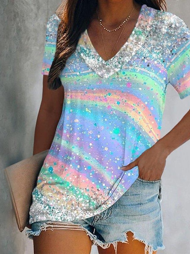 Per donna Maglietta Grafico Farfalla Tinta a nodi Essenziale Neon & Luminoso Manica Corta Scollo a V Top Regolari Ferie Weekend Stampato Giallo Rosa Blu Verde Azzurro