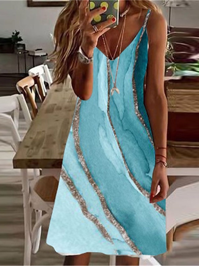  Women's Casual Dress Shift Dress Slip Dress Marble Print Spaghetti Strap Mini Dress Basic Daily Vacation Sleeveless Summer Spring