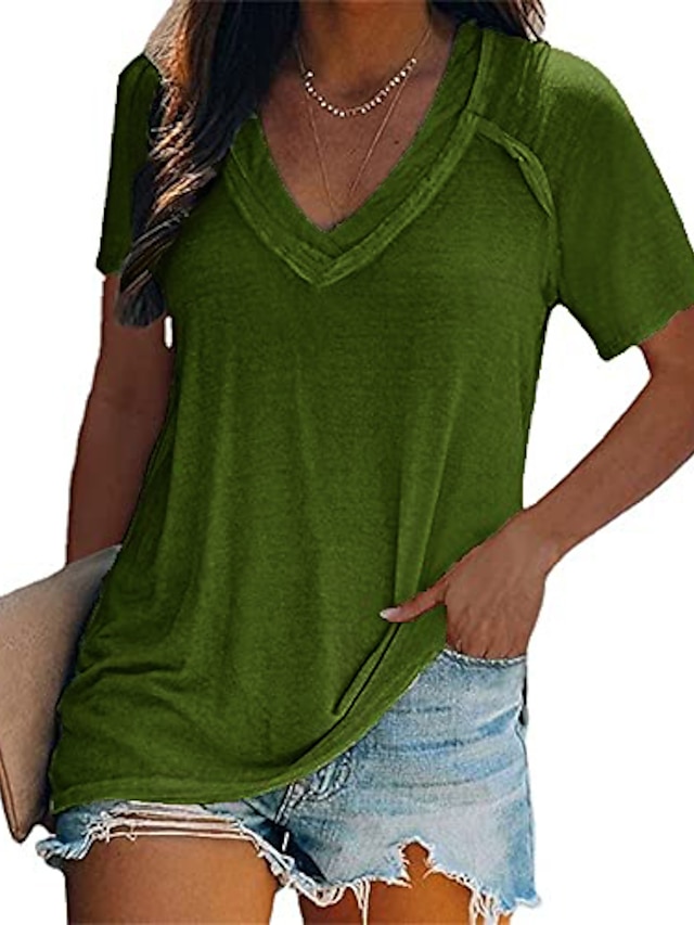  Women's Plain Solid Colored Casual Daily Short Sleeve Tunic T shirt Tee V Neck Basic Essential Elegant Tops Green White Black S