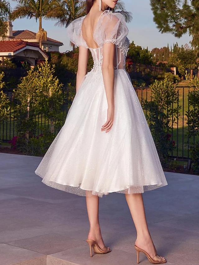 Bridal Shower Little White Dresses Wedding Dresses Tea Length Ball Gown Short Sleeve main image 0
