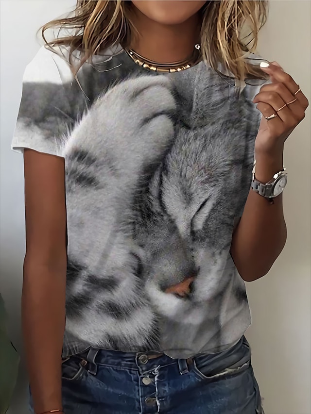  Women's T shirt Tee Cat 3D Gray Print Short Sleeve Daily Weekend Basic Round Neck Regular Fit