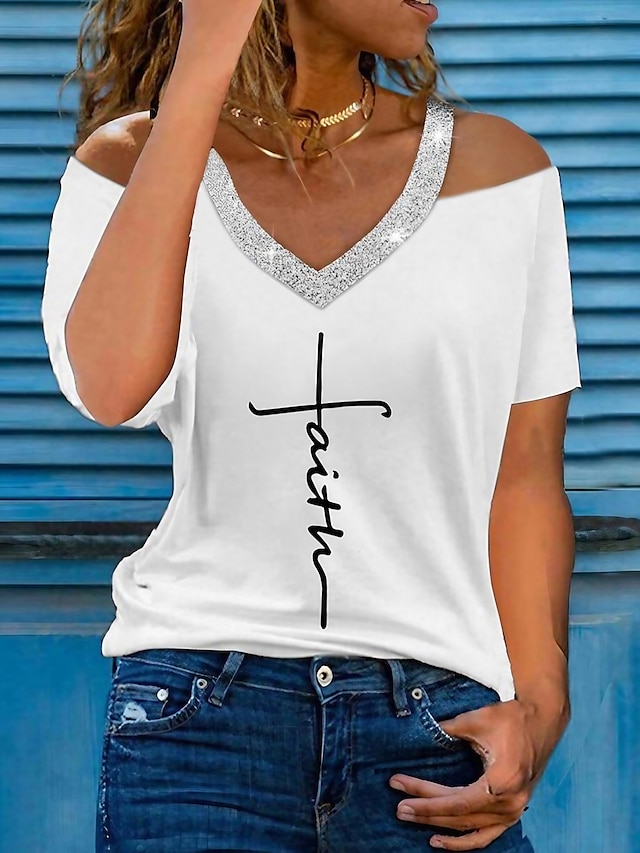  Damen T Shirt Text Ausgeschnitten Bedruckt Kalte Schulter Täglich Wochenende Elegant Modisch Basic Kurzarm Schulterfrei V Ausschnitt Hellblau