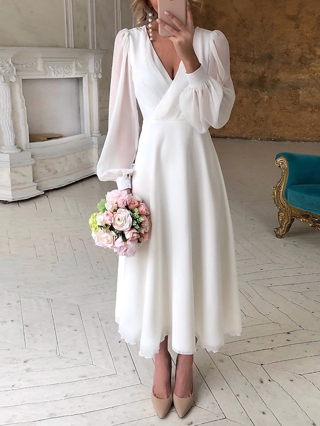  Simple Wedding Dresses Little White Dresses A-Line V Neck For Wedding Reception Lantern Sleeve Ankle Length Chiffon Bridal Shower Gowns With Solid Color 2024