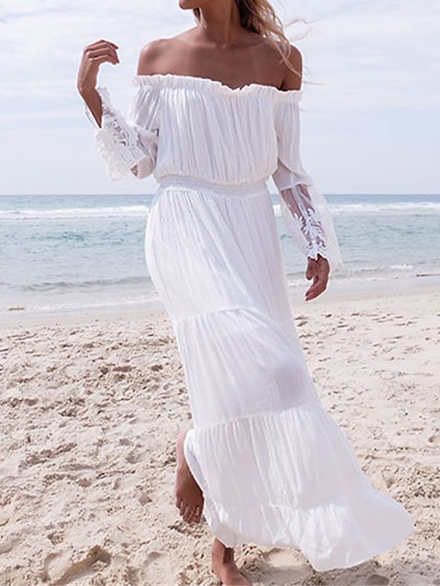  Women's White Lace Wedding Dress Cover Up Beach Wear Maxi long Dress Ruffle with Sleeve Fashion Basic Plain Off Shoulder Long Sleeve Regular Fit Daily Vacation White 2023 Summer Spring S M L XL