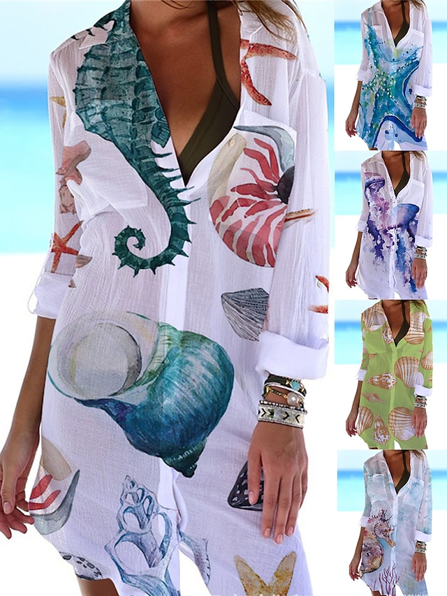  Pentru femei Rochii Tip Cămașă Șal Îmbrăcăminte de plajă Rochie Mini Buzunar Imprimeu Modă Casual Pești Răsfrânt Lungime Manșon 3/4 Potrivire Largă În aer liber Zilnic Alb Albastru piscină 2023 Var