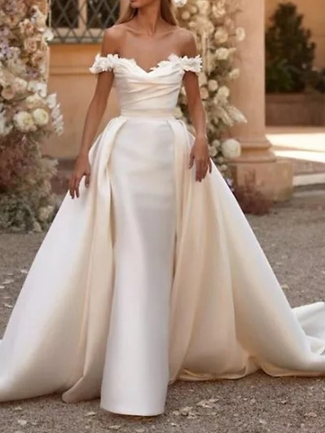  אירוסין רשמי שמלות חתונה מעטפת \ עמוד סירה מתחת לכתפיים רצועות שובל קורט סאטן שמלות כלה עם אסוף צבע אחיד 2024