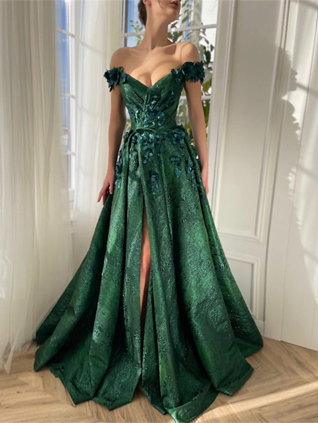  A-Line Prom Dresses Floral Dress Wedding Guest Wedding Party Court Train Sleeveless Off Shoulder Satin with Slit Appliques 2024