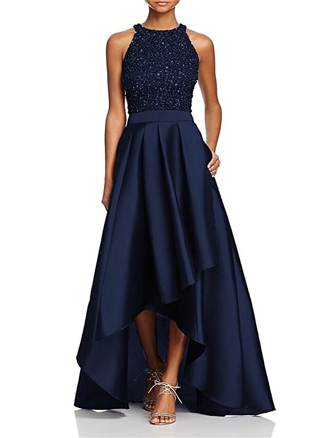 A-Line Wedding Guest Dresses Sparkle & Shine Dress Party Wear Semi Formal Asymmetrical Sleeveless Jewel Neck Fall Wedding Guest Satin with Beading Sequin Dresses4