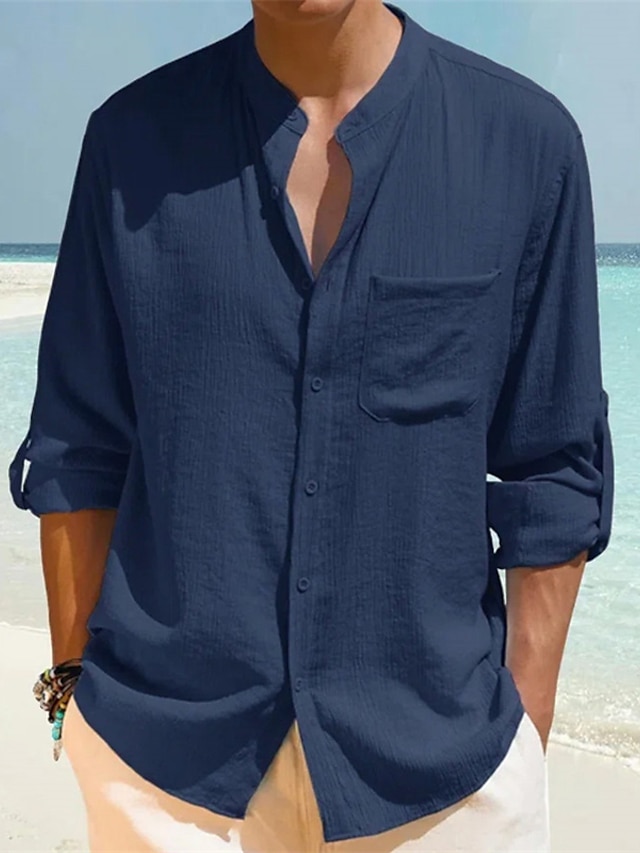  Men's Linen Shirt Shirt Button Up Shirt Summer Shirt Casual Shirt Beach Shirt Turndown Spring Summer Long Sleeve Wine Royal Blue Blue Plain Street Holiday Clothing Apparel Button-Down