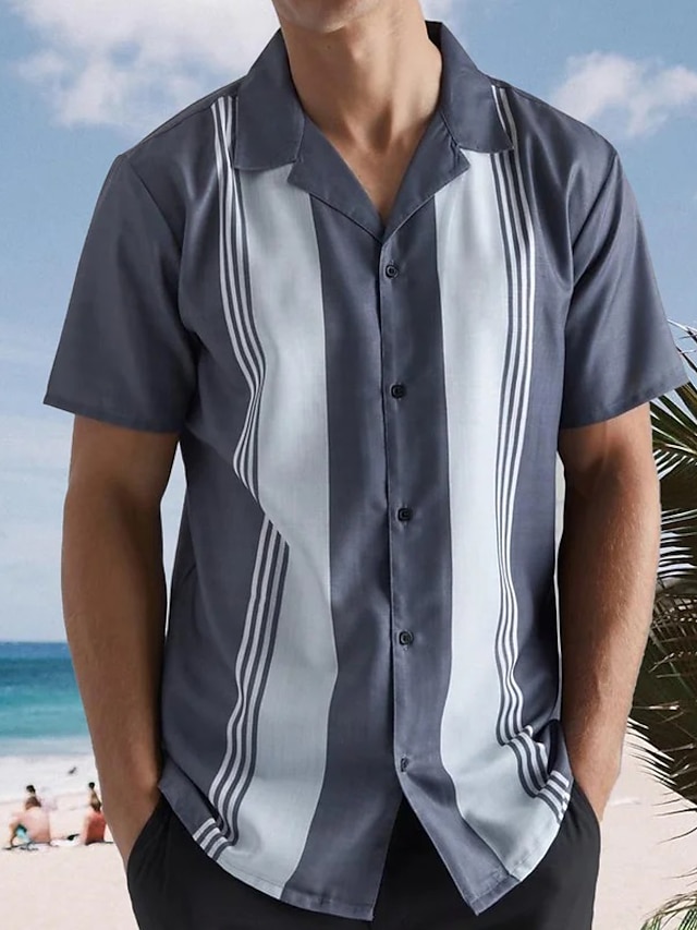  Men's Shirt Bowling Shirt Button Up Shirt Summer Shirt Casual Shirt Gray Short Sleeve Striped Turndown Daily Vacation Clothing Apparel Fashion 1950s Casual Comfortable
