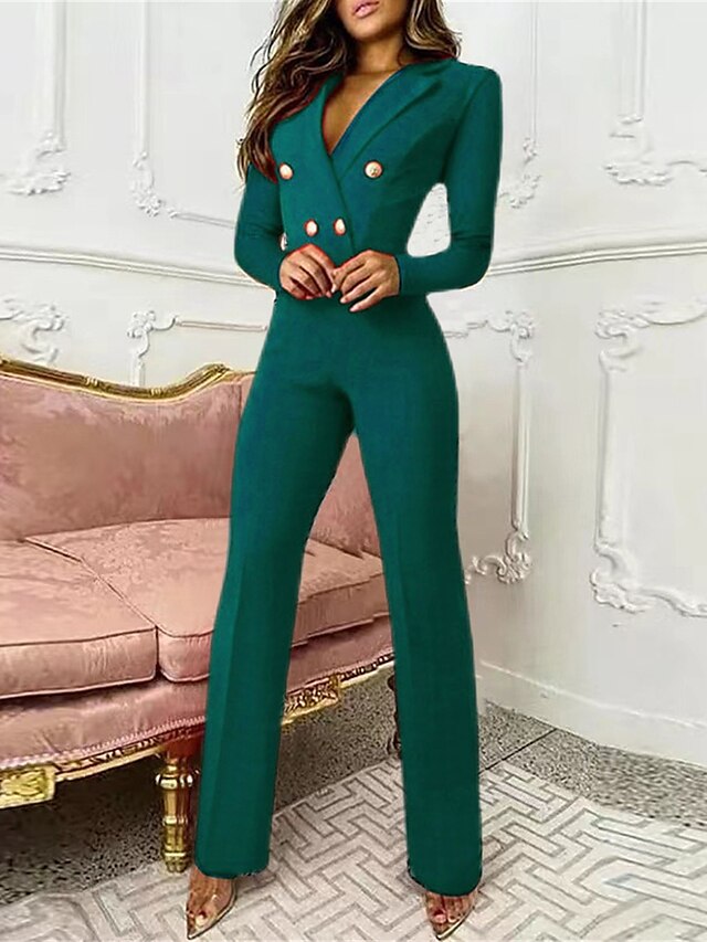 Women's Jumpsuit Button Solid Color Shirt Collar Formal Office Business ...