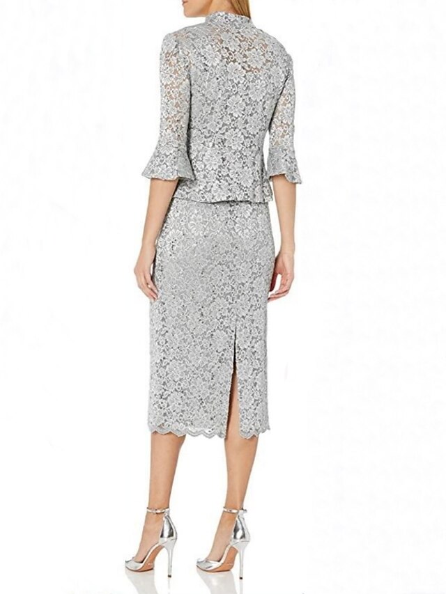 Polished Two Piece Scoop Neck Three Quarter Sleeve Plain Back Floor Length Mother of the Bride Dress
