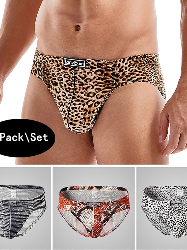  Men's 2 Packs Briefs Polyester Breathable Soft Graphic Leopard Mid Waist White Yellow