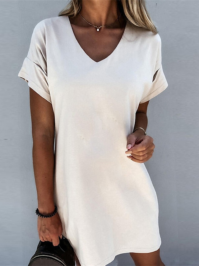  Damen Weißes Kleid blusenkleid Sweatkleid Glatt V Ausschnitt Minikleid Täglich Urlaub Kurzarm Sommer Frühling