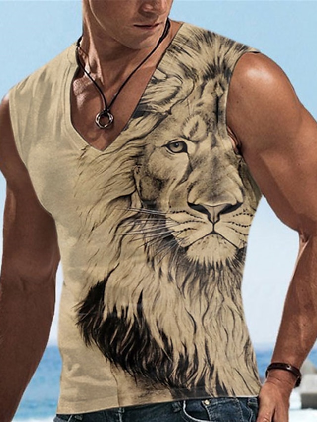  Herr Linne Ärmlös T-shirt för män Grafisk Djur Lejon V-hals Kläder 3D-tryck Sport Löpning Ärmlös 3D-utskrift Designer Ledigt Muskel