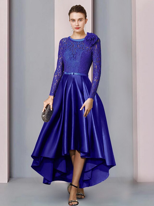 A-Line Mother of the Bride Dress Formal Church Party Elegant Scoop Neck Tea Length Satin Lace Half Sleeve with Sash / Ribbon Flower