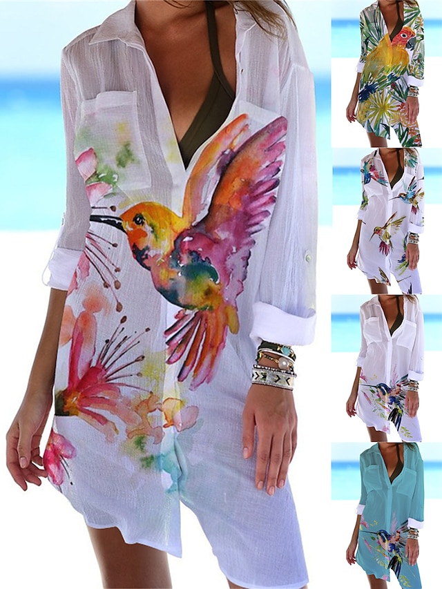  Pentru femei Șal Rochie de plaja Îmbrăcăminte de plajă Rochie Mini Buzunar Imprimeu Modă Casual Floral Răsfrânt Lungime Manșon 3/4 Potrivire Largă În aer liber Zilnic Alb Galben 2023 Primăvară Vară S