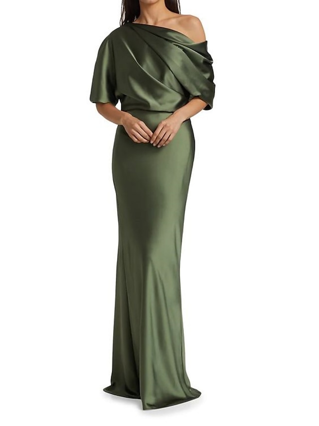 Sheath / Column Mother of the Bride Dress Wedding Guest Elegant Party Off Shoulder Sweep / Brush Train Satin Half Sleeve with Ruching 2024