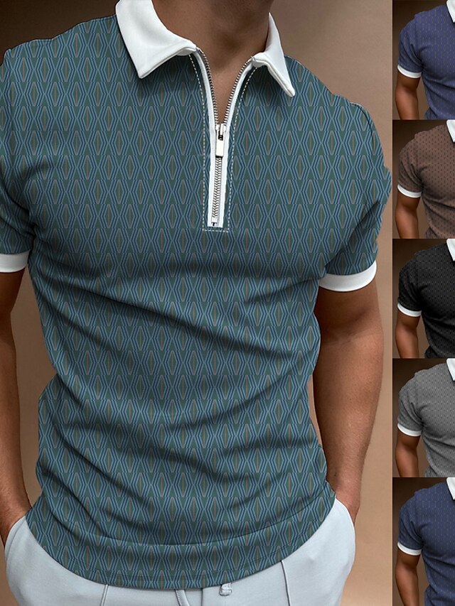  Men's Collar Polo Shirt T shirt Tee Golf Shirt Fashion Sportswear Casual Summer Short Sleeve Green Purple Brown Navy Blue Gray Black Geometry Collar Outdoor Street Zipper Print Clothing Clothes