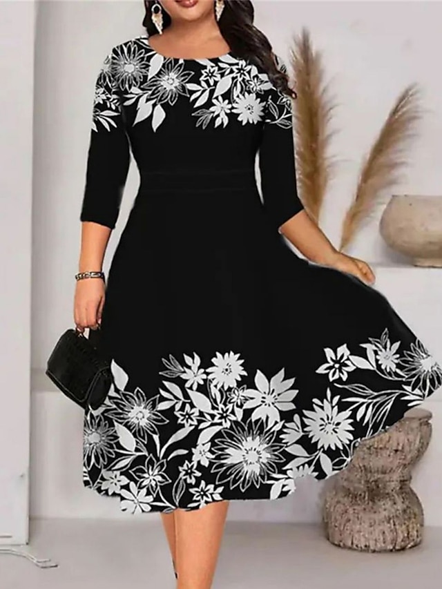  Women‘s Plus Size Curve Work Dress A Line Dress Leaf Floral Midi Dress Half Sleeve Print Crew Neck Elegant Office Black White Spring Summer XL XXL 3XL 4XL 5XL