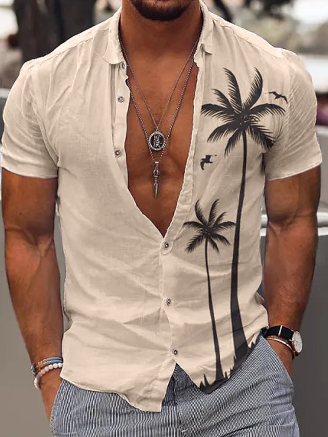  Hombre Árbol de coco Plantas tropicales camisa hawaiana Manga Corta Camisa Cuello Vuelto Moda Cómodo Vacaciones Casual Diario Blanco Azul Caqui S M L