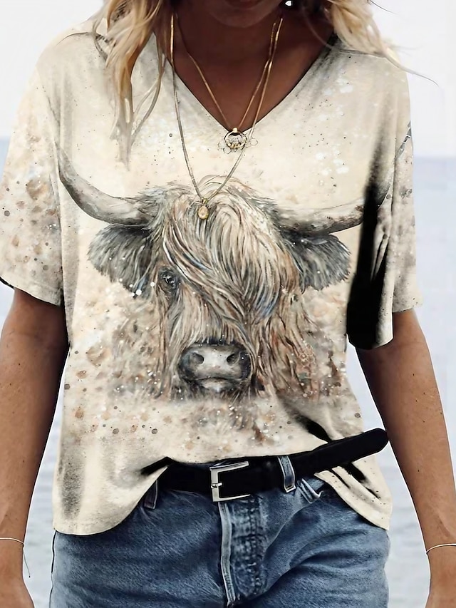  Mujer Camiseta Graphic Vaca Tribal Retazos Estampado Hogar Casual Diario Vintage Étnico Manga Corta Escote en Pico Beige