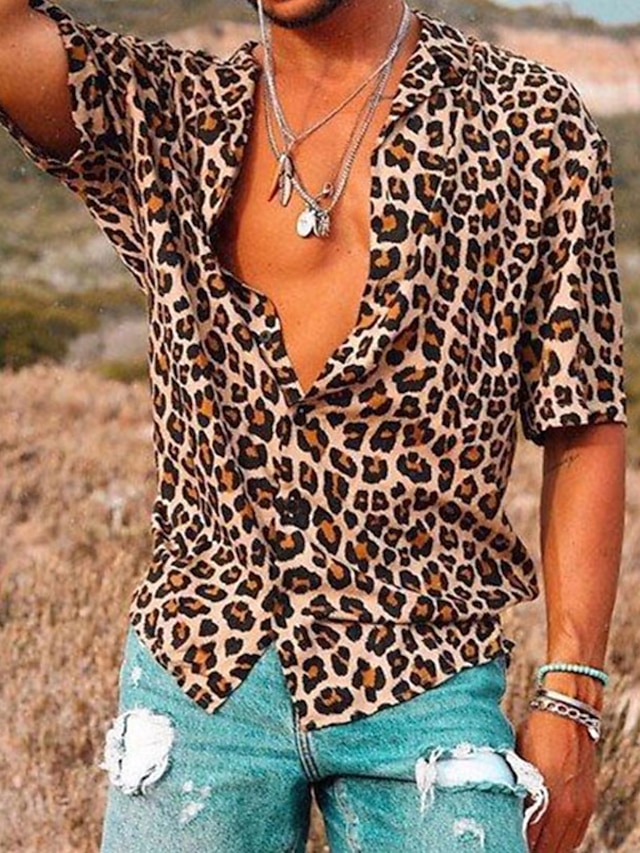  Hombre Camisa Leopardo Estampados Cuello Vuelto Marrón Calle Casual Manga Corta Abotonar Estampado Ropa Deportes Moda Ropa de calle Design