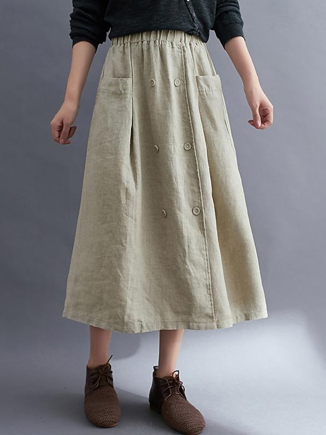 Women's Skirt A Line Long Skirt Linen Skirts Midi Skirts Pocket Split Ends Solid Colored Street