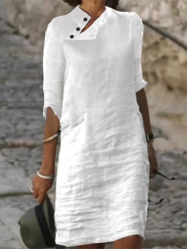  damska bawełniana sukienka lniana sukienka koszulowa sukienka na co dzień sukienka typu shift sukienka midi mieszanka bawełny moda podstawowy odkryty codzienny wakacje stójka kołnierzyk guziki rękaw