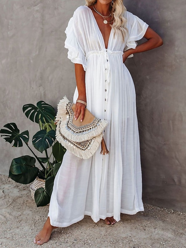  robe soirée Robe casual Robe Évasée Femme robe longue Couleur monochrome Mode Décontractées Extérieur du quotidien Vacances A Volants Dos Nu Manche Courte Col V Robe Ample Vert militaire Blanche Rouge