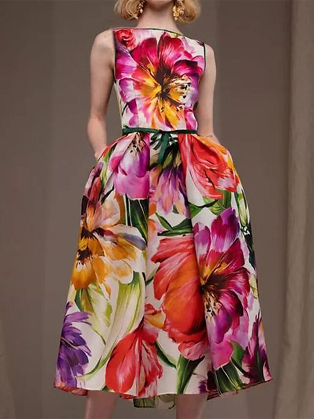  Women's Elegant Retro Swing Dress Midi Dress Party Holiday Pocket Print Floral Boat Neck Sleeveless Regular Fit Spring Summer 2023 Red S M L XL