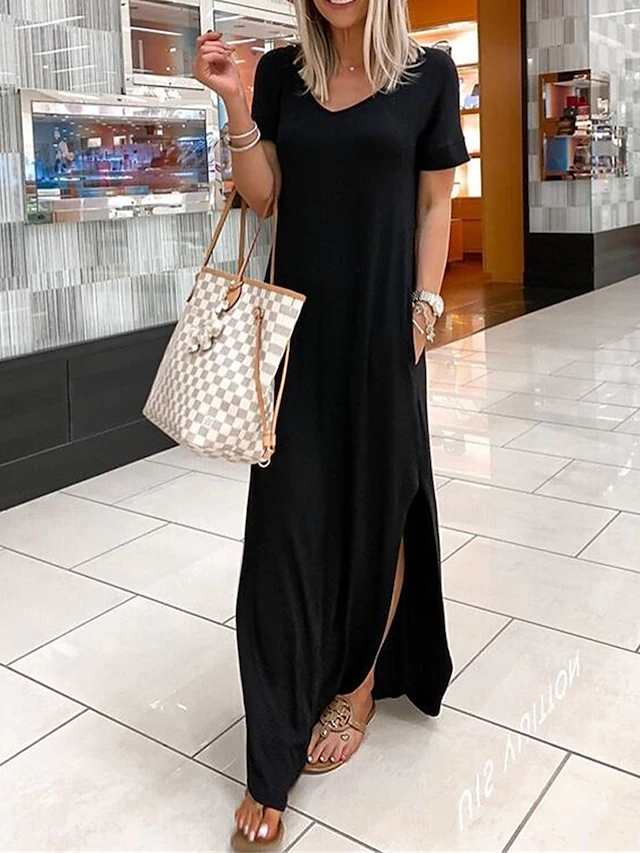 Women's Long Dress Maxi Dress Maxi Dress Black Dress Casual Dress Cocktail Dress Formal Dress Basic Casual Outdoor Daily Going out Regular Fit Plain Short Sleeve V Neck Black Wine Blue Summer Spring4